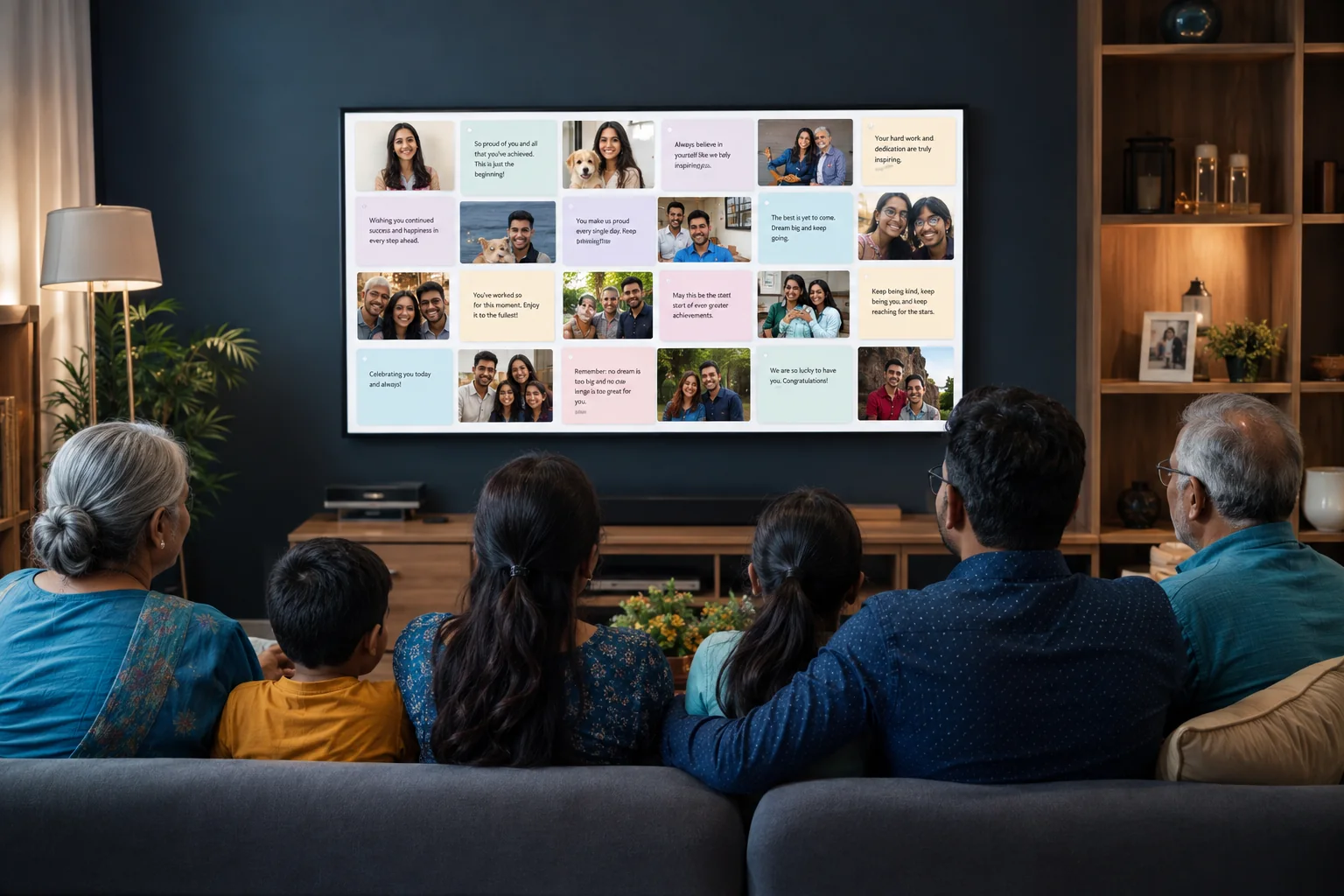 Three generations enjoying a digital wish board together on their living-room television