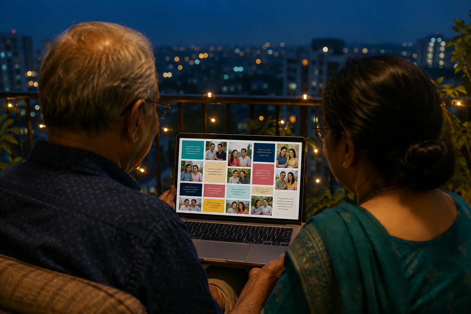 A couple revisiting anniversary wishes on a laptop on their balcony