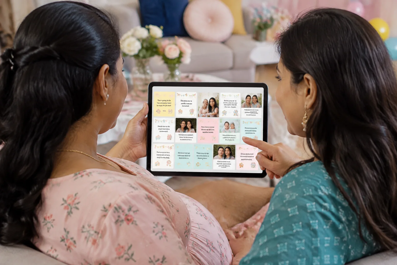 An expectant mother and her sister reading a baby shower wish board on a tablet
