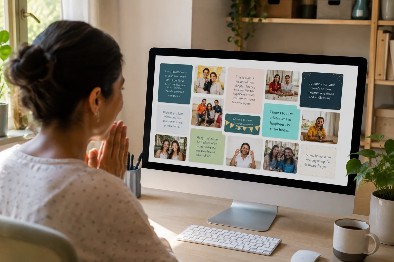 A woman discovering a digital congratulations board at her home desk