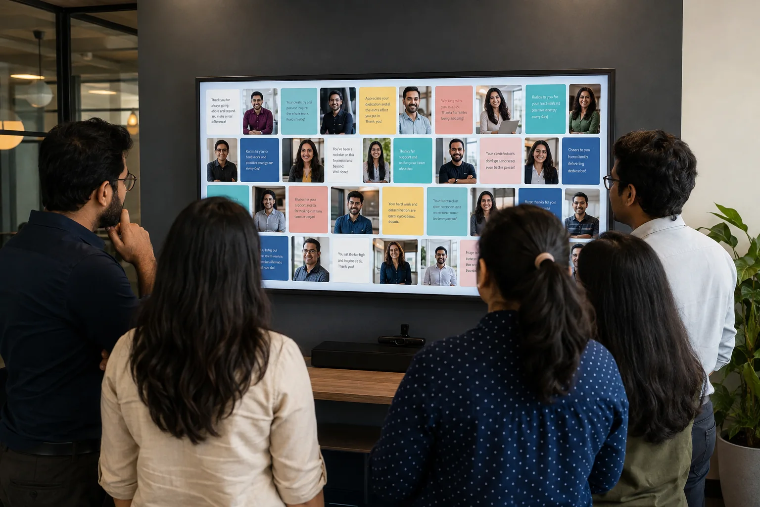 Colleagues viewing an employee appreciation wish board on a meeting-room display