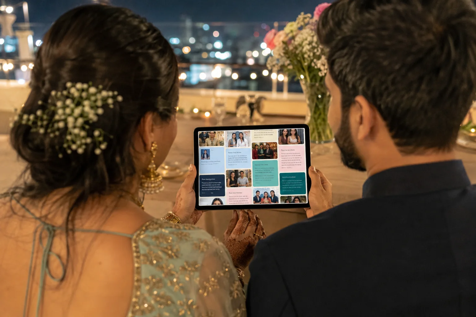 An engaged couple reading digital wishes on a tablet at a rooftop gathering