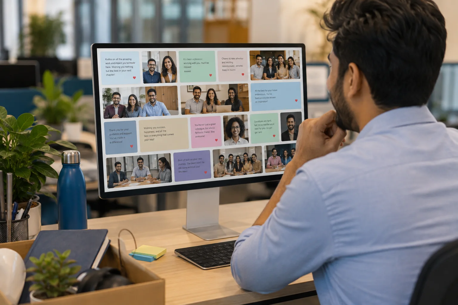 A colleague reading a digital farewell board on an office monitor