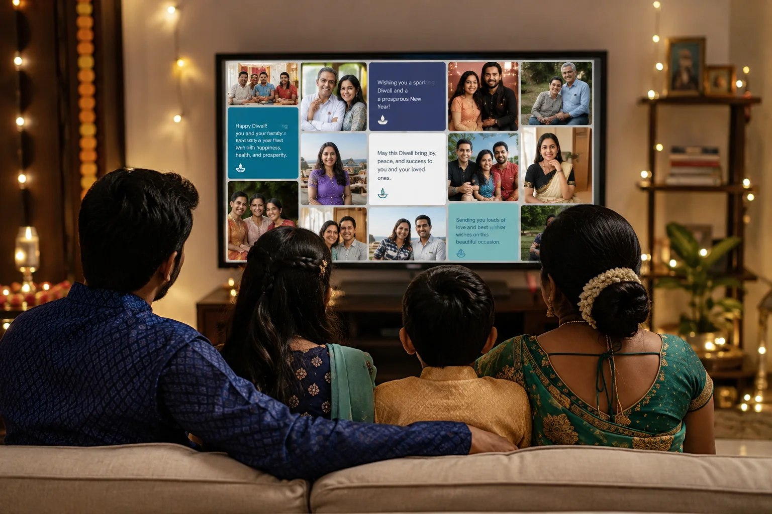 A family sharing a festive digital wish board on their living-room television
