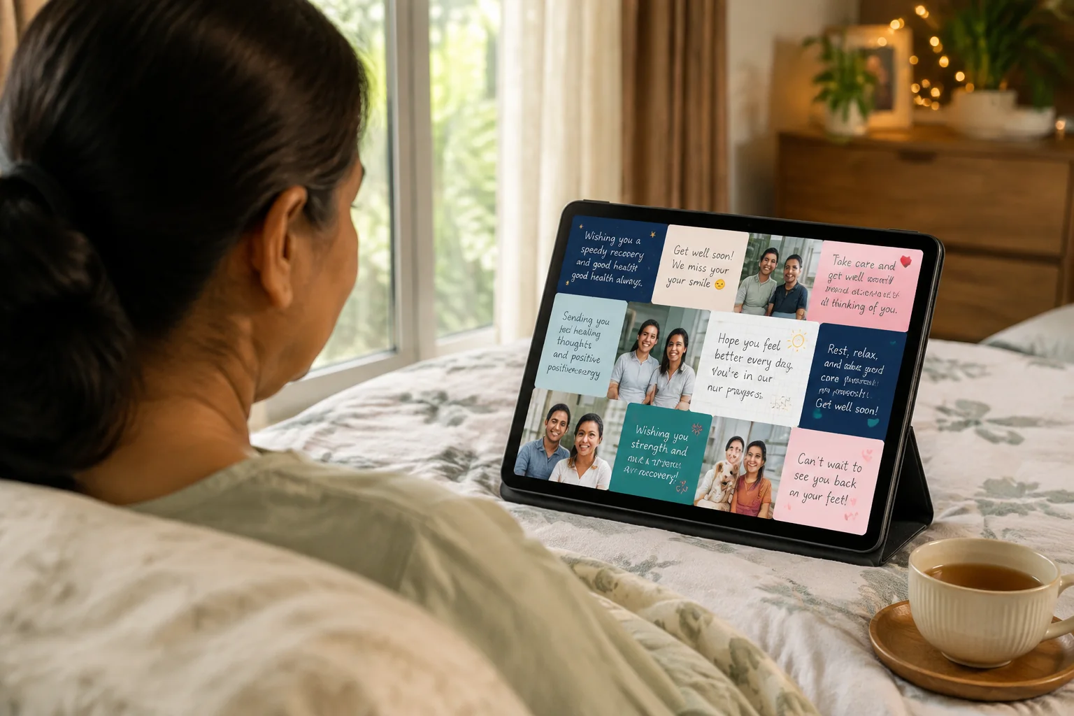 A person resting at home with encouraging get-well wishes on a tablet