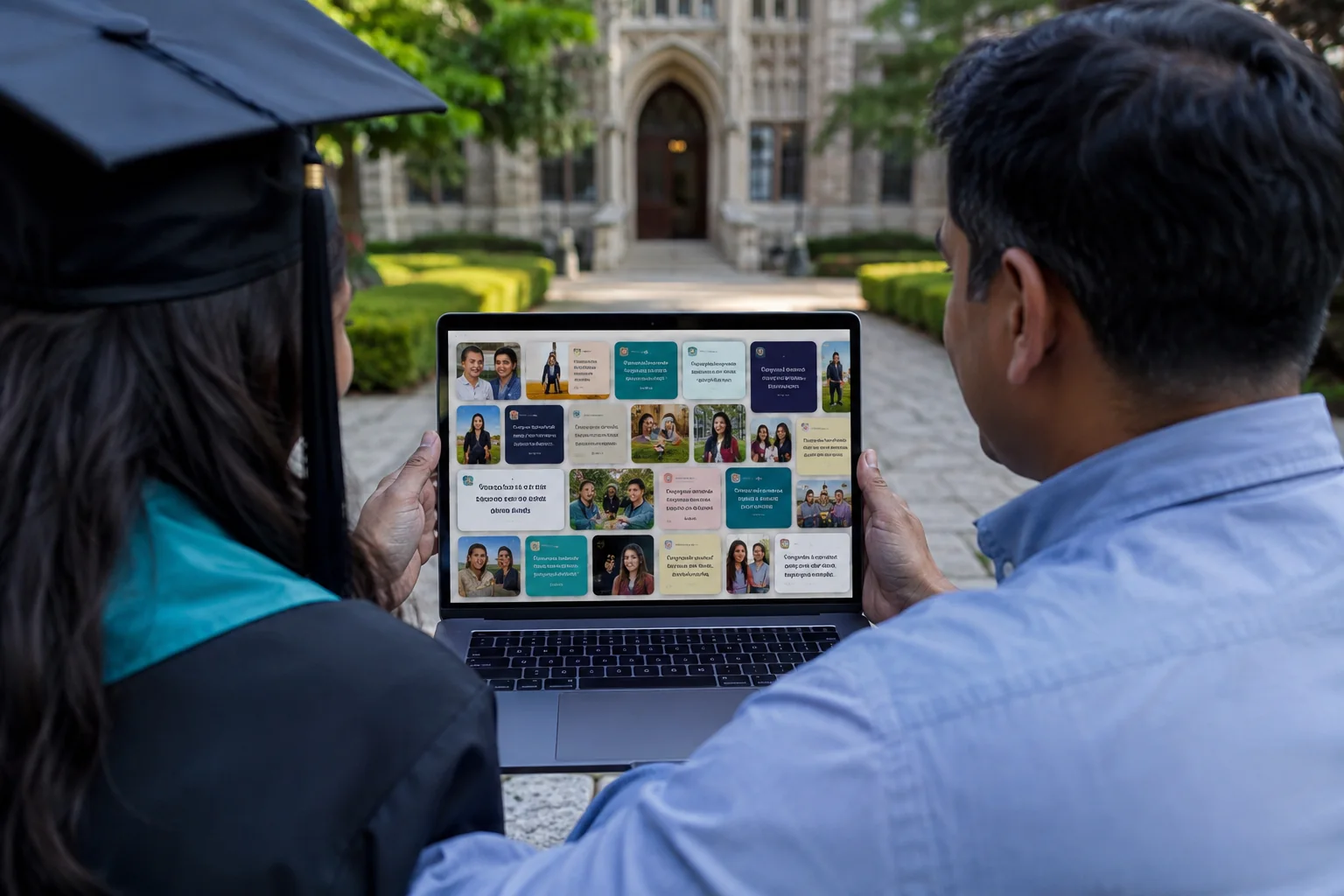 A graduate and parent viewing congratulations on a laptop in a university courtyard