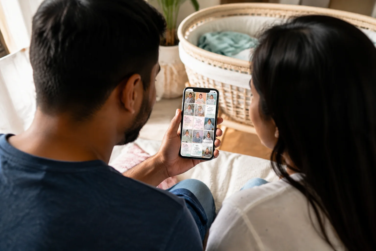 New parents reading welcoming wishes on a phone beside a bassinet