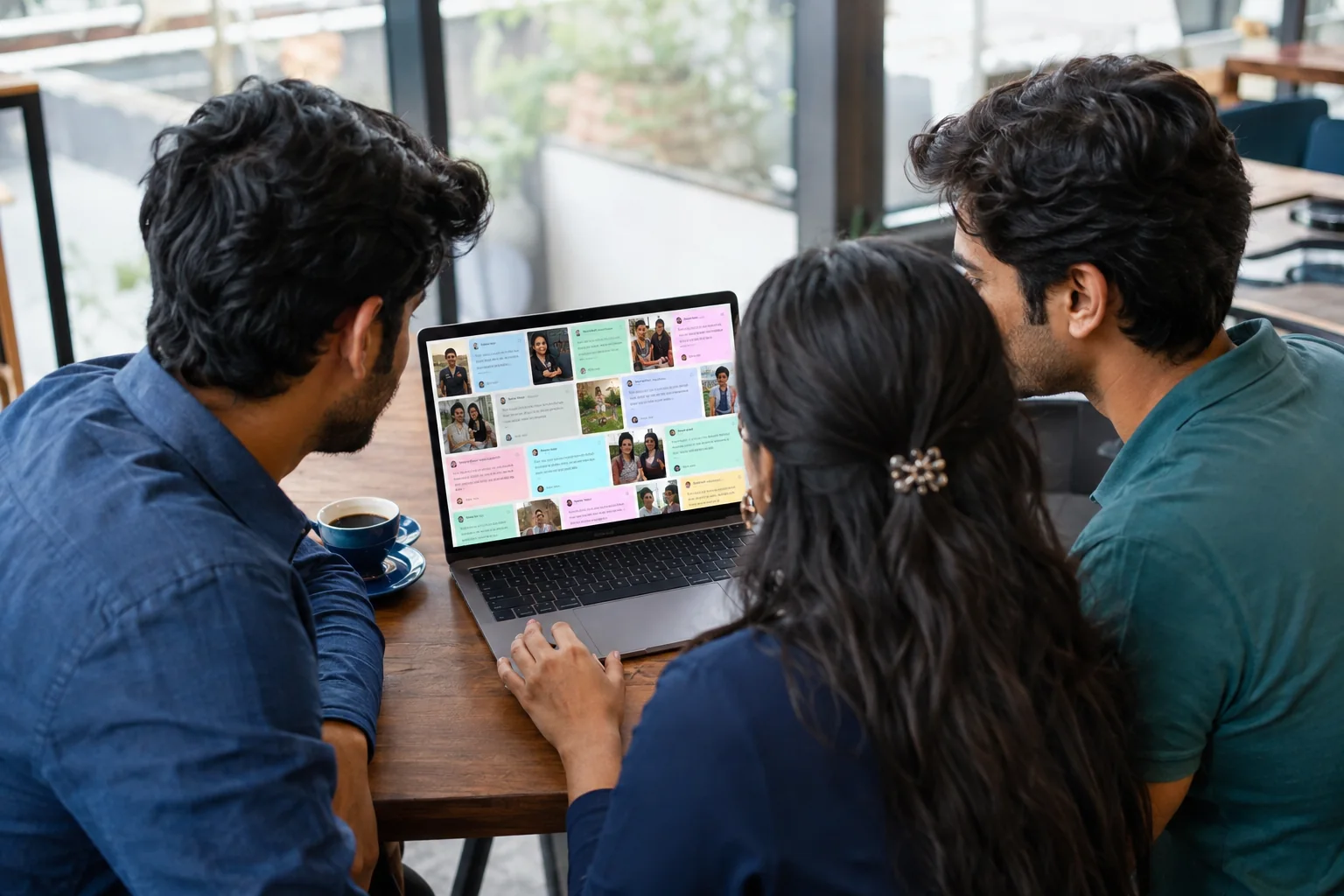 Friends sharing a personalised digital celebration board on a café laptop