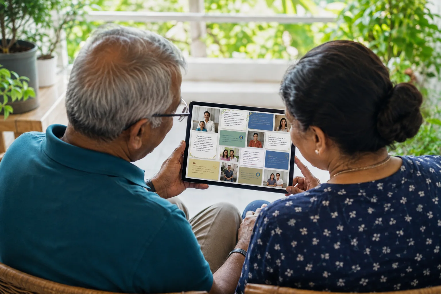 A retired couple enjoying messages on a tablet on their veranda