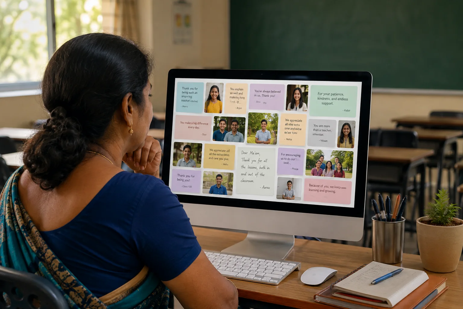 A teacher reading students’ digital appreciation messages in a sunlit classroom
