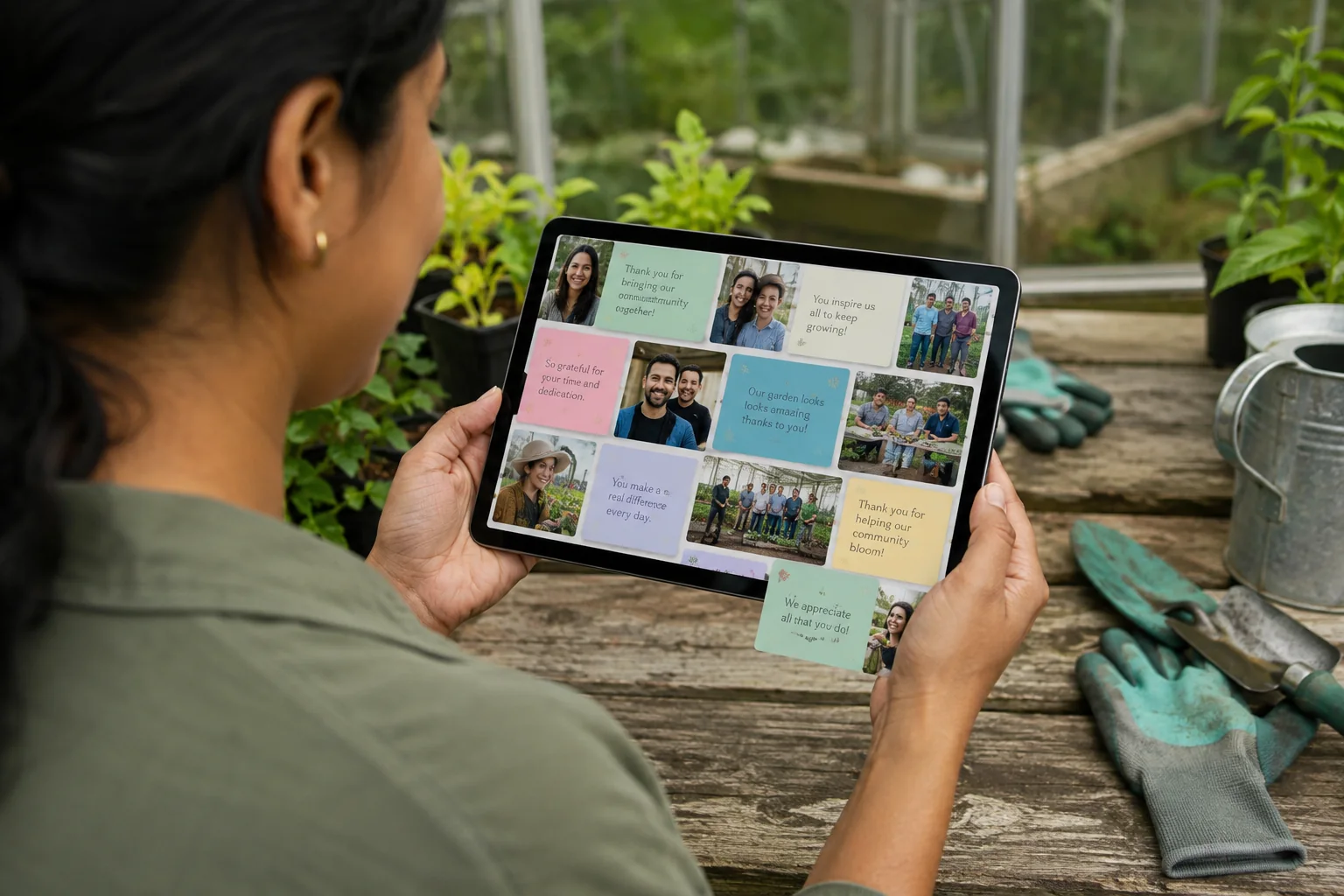 A community volunteer reading thank-you wishes on a tablet after gardening