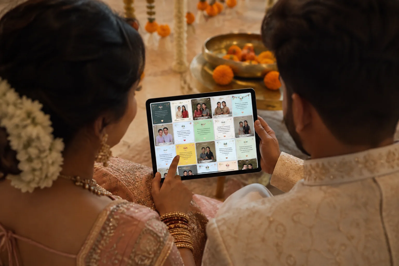 Newlyweds reading digital wedding wishes together on a tablet